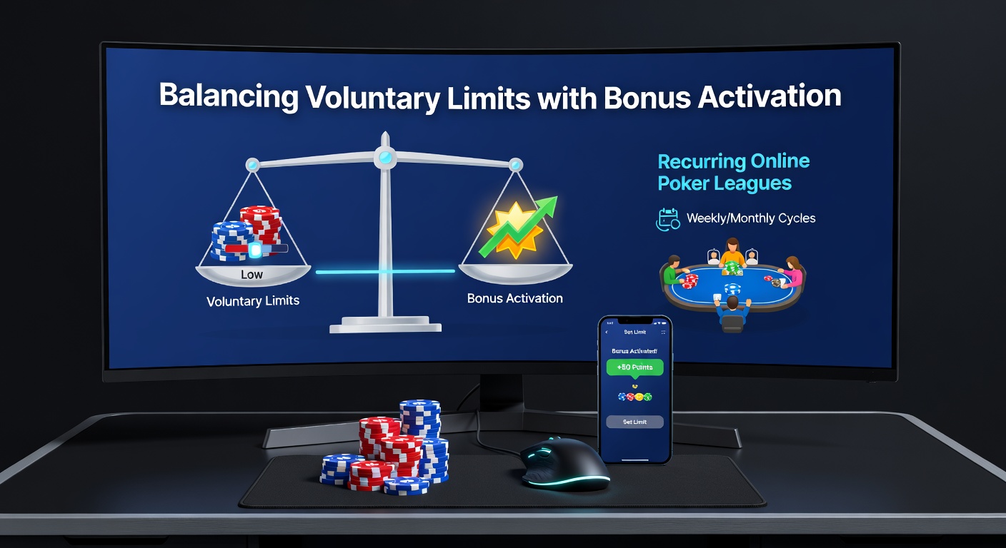 Online poker player adjusting account settings for voluntary limits while viewing league bonus details on a digital interface
